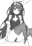  1girl ahoge bangs bare_shoulders blush breasts cleavage_cutout commentary_request eyebrows_visible_through_hair feet_out_of_frame fur-trimmed_jacket fur_trim greyscale haik hairband heart heart-shaped_pupils highres jacket long_hair looking_at_viewer monochrome no_shoes off_shoulder parted_lips sitting small_breasts solo symbol-shaped_pupils thigh-highs toeless_legwear toes very_long_hair white_background 