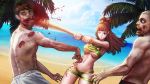  1girl 2boys bangs bare_arms bare_shoulders baseball_bat beach bikini blonde_hair blood blood_splatter blue_sky blunt_bangs blurry breasts brown_eyes brown_hair clouds cloudy_sky commentary cowboy_shot deep_wound dutch_angle empty_eyes green_bikini highres hitting holding holding_baseball_bat injury jungon_kim long_hair motion_blur multiple_boys navel no_pupils ocean one_eye_closed open_mouth outdoors palm_tree parted_lips pink_lips ponytail sand shore sky standing surprised sweatdrop swimsuit topless tree under_boob zombie 