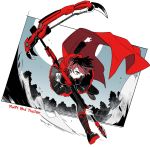  1girl cape commentary_request crescent_rose english grey_eyes highres pale_skin redhead ruby_rose running rwby short_hair solo 