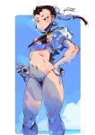  1girl adapted_costume alternate_breast_size andrea_cofrancesco bikini blue_sky breasts brown_hair bun_cover chun-li cleavage cleavage_cutout cowboy_shot day double_bun dudou hand_on_hip inflatable_armbands navel ocean short_hair side-tie_bikini sky small_breasts solo spikes street_fighter swimsuit thighs tsurime 