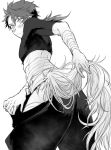  1boy arched_back ass blush chishio_(jjojj) closed_mouth greyscale looking_back male_focus monochrome mutsu-no-kami_yoshiyuki simple_background solo toned toned_male touken_ranbu white_background 