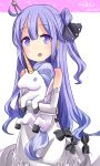  1girl ahoge azur_lane commentary_request detached_sleeves doll_hug dress hair_bun hair_ribbon hebitsukai-san highres long_hair looking_at_viewer off-shoulder_dress off_shoulder parted_lips purple_hair ribbon solo stuffed_animal stuffed_toy stuffed_unicorn unicorn_(azur_lane) violet_eyes white_dress 