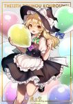  1girl absurdres apron balloon bare_arms bare_legs black_footwear black_hat black_skirt blonde_hair bow braid frilled_skirt frills green_bow hair_bow hat hat_bow highres holding kirisame_marisa long_hair looking_at_viewer puffy_short_sleeves puffy_sleeves pyonsuke_(pyon2_mfg) shoes short_sleeves side_braid skirt skirt_set smile socks solo touhou vest waist_apron white_bow white_legwear witch_hat yellow_eyes 