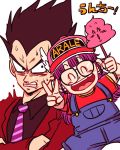  1boy 1girl annoyed baseball_cap black_eyes black_hair blush_stickers character_name closed_eyes crossover dr._slump dragon_ball dragon_ball_super dragonball_z formal frown glasses hair_wings happy hat jumping looking_at_another miiko_(drops7) necktie norimaki_arale open_mouth overalls poop_on_a_stick purple_hair red_shirt shirt simple_background smile spiky_hair suit sweatdrop translated v vegeta white_background 