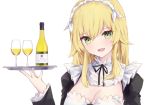  1girl bangs blonde_hair blush bottle breasts cleavage cup drinking_glass eyebrows_visible_through_hair fang frederica_baumann green_eyes hair_between_eyes hair_flaps holding holding_tray long_hair long_sleeves looking_at_viewer maid maid_headdress medium_breasts open_mouth re:zero_kara_hajimeru_isekai_seikatsu simple_background smile solo teeth tr_(hareru) tray tsurime white_background wine_bottle wine_glass 