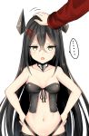  ... 1girl bangs bare_shoulders black_hair breasts chixiao collarbone crossed_bangs eyebrows_visible_through_hair fang girls_frontline hair_between_eyes highres jitome judge_(girls_frontline) looking_at_viewer medium_breasts navel open_mouth out_of_frame petting pov sangvis_ferri simple_background solo_focus spoken_ellipsis sweatdrop upper_body white_background 