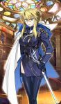  1girl ahoge alternate_costume artoria_pendragon_(all) artoria_pendragon_(lancer) bangs black_gloves black_legwear blonde_hair braid breasts coat_removed fate/grand_order fate_(series) gloves green_eyes hair_between_eyes holding holding_weapon ishida_akira large_breasts long_hair looking_at_viewer official_art serious side_slit skirt solo standing sword thigh-highs tied_hair uniform weapon 