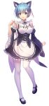  1girl animal_ears apron arm_up arms_at_sides blue_eyes blue_hair breasts cheng_yu detached_collar detached_sleeves frills full_body hair_ornament hairband looking_at_viewer maid mary_janes open_mouth pantyhose pigeon-toed re:zero_kara_hajimeru_isekai_seikatsu rem_(re:zero) shoes short_hair standing white_background white_legwear wide_sleeves x_hair_ornament 