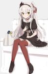  1girl adapted_costume amatsukaze_(kantai_collection) bag boots brown_dress choker couch dress failure_penguin gochou_(atemonai_heya) hair_ribbon hairband highres kantai_collection long_hair miss_cloud red_legwear red_ribbon ribbon shopping_bag silver_hair solo thigh-highs two_side_up yellow_eyes 