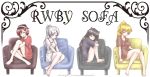  4girls animal_ears aosiro-michi barefoot blake_belladonna cat_ears couch english headphones highres multiple_girls ruby_rose rwby shirt weiss_schnee yang_xiao_long 