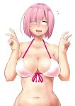  1girl absurdres ac_butsupa bare_shoulders bikini blush breasts cleavage closed_eyes double_v fate/grand_order fate_(series) flying_sweatdrops front-tie_top glasses halterneck highres large_breasts navel open_mouth pink_hair shielder_(fate/grand_order) shiny shiny_hair short_hair simple_background solo swimsuit upper_body v white_background 