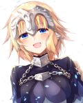  1girl 40_(0f0urw) :d absurdres blonde_hair blue_eyes blush braid breasts chains fate/apocrypha fate_(series) headpiece highres long_hair medium_breasts open_mouth ruler_(fate/apocrypha) simple_background single_braid smile solo upper_body white_background 