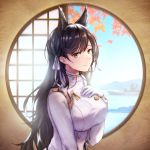  1girl aiguillette anbe_yoshirou animal_ears atago_(azur_lane) autumn_leaves azur_lane bangs black_hair breasts brown_eyes closed_mouth eyebrows_visible_through_hair from_side gloves hand_on_own_chest highres indoors large_breasts light_smile long_hair looking_at_viewer mole mole_under_eye ocean ship smile solo swept_bangs upper_body watercraft white_gloves window 