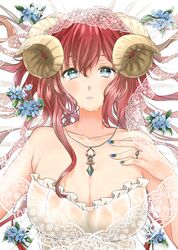  1girl animal_ears bare_shoulders blue_eyes breasts cleavage eroriru flower hair_between_eyes horns jewelry large_breasts looking_at_viewer nail_polish necklace original redhead sheep_ears sheep_girl sheep_horns solo strapless upper_body veil 