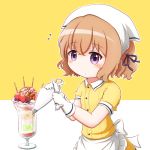  1girl :o apron bangs blend_s blush brown_hair collared_shirt commentary_request eyebrows_visible_through_hair food frilled_apron frills fruit gloves goth_risuto hair_between_eyes hair_ribbon head_scarf holding hoshikawa_mafuyu ice_cream looking_at_viewer parfait parted_lips pastry_bag pocky purple_ribbon revision ribbon shirt short_hair short_sleeves simple_background skirt solo strawberry tareme two-tone_background uniform violet_eyes waist_apron waitress white_apron white_background white_gloves yellow_background yellow_shirt yellow_skirt 