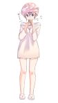  1girl after_shower animal_slippers blue_eyes blush brown_hair commentary_request full_body hair_between_eyes hood hoodie looking_at_viewer original short_hair simple_background slippers solo standing suzunari_shizuku towel towel_on_head white_background yuki_arare 
