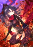  1girl autumn autumn_leaves bangs black_bodysuit black_hair bodysuit breasts fate/grand_order fate_(series) hair_ribbon high_ponytail highres iroha_(shiki) katou_danzou_(fate/grand_order) leaf long_hair mechanical_arm medium_breasts outdoors ponytail red_ribbon red_scarf ribbon robot_joints scarf sky solo yellow_eyes 