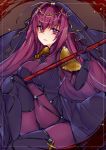  1girl armor bodysuit breasts fate/grand_order fate_(series) gae_bolg hair_intakes holding holding_weapon large_breasts long_hair looking_at_viewer pauldrons pikkumyy polearm purple_bodysuit purple_hair red_eyes scathach_(fate/grand_order) shoulder_armor solo spear veil weapon 