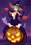  1girl ariverkao blue_eyes breasts cleavage cloak dress elbow_gloves ghost gloves green_hair hat jack-o&#039;-lantern large_breasts open_mouth original short_hair signature sitting solo thigh-highs witch witch_hat 