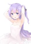  1girl :o absurdres armpits arms_up azur_lane bangs bare_shoulders black_ribbon blush collarbone commentary_request detached_sleeves dress eyebrows_visible_through_hair flower hair_bun hair_ribbon highres long_hair looking_at_viewer natsu_(sinker8c) one_side_up open_mouth purple_hair ribbon side_bun simple_background solo strapless strapless_dress unicorn_(azur_lane) very_long_hair violet_eyes white_background white_dress 