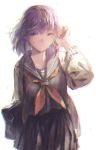  1girl absurdres backlighting bag blurry cowboy_shot fate/stay_night fate_(series) frown hair_ribbon hair_tousle highres lens_flare looking_to_the_side matou_sakura purple_hair ribbon school_bag short_hair sketch solo tentsu violet_eyes white_background wind 