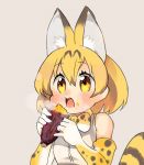  1girl animal_ears bare_shoulders blonde_hair blush eating elbow_gloves extra_ears eyebrows_visible_through_hair food food_on_face gloves grey_background hair_between_eyes holding holding_food kemono_friends open_mouth print_gloves print_legwear serval_(kemono_friends) serval_ears serval_print serval_tail short_hair simple_background sleeveless solo sweet_potato tail upper_body wagiyabosa_jirou yakiimo yellow_eyes 