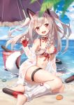  1girl :d absurdres animal_ears arm_support azur_lane bangs barefoot beach beach_umbrella bikini blue_nails blue_sky blurry blurry_foreground blush bow braid breasts bucket claw_pose cleavage clouds cloudy_sky commentary_request day depth_of_field fingerless_gloves frilled_bikini_top front-tie_top gloves grey_hair highres horizon jacket leg_warmers long_hair looking_at_viewer medium_breasts multicolored multicolored_nail_polish nail_polish navel ocean open_mouth pink_nails purple_nails red_bikini red_bow red_eyes red_gloves ribbon-trimmed_bikini ribbon-trimmed_gloves ribbon_trim see-through sitting sky smile solo swimsuit tail thick_eyebrows torpedo two_side_up umbrella upper_teeth very_long_hair yokozuwari yuhuan yuudachi_(azur_lane) 