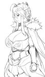  1girl ahoge armor artoria_pendragon_(all) artoria_pendragon_(lancer) bangs braid breasts cape cleavage cleavage_cutout closed_mouth commentary_request cowboy_shot crown eyebrows_visible_through_hair fate/grand_order fate_(series) faulds from_side fur-trimmed_cape fur_trim gauntlets greyscale huge_breasts long_hair monochrome obmas_(pfeito) profile simple_background solo standing white_background 