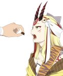  1boy 1girl blonde_hair chocolate fangs fate/grand_order fate_(series) feeding food forehead from_side fujimaru_ritsuka_(male) holding holding_food horns ibaraki_douji_(fate/grand_order) japanese_clothes long_hair long_sleeves mattaku_mousuke oni_horns open_mouth out_of_frame sidelocks simple_background solo_focus teeth wavy_hair white_background yellow_eyes 