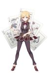  1girl ace_of_spades belt belt_pouch black_pants black_vest blue_eyes card coin dizzy_durand full_body high_heels highres jack_of_spades looking_at_viewer no_socks official_art pants playing_card princess_principal princess_principal_game_of_mission queen_of_spades red_footwear red_neckwear serious shoes short_hair solo standing transparent_background vest 