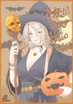  1girl bat blush border bracelet breasts brown_background brown_eyes choker cleavage commentary_request crescent_moon dated earrings eyebrows_visible_through_hair fangs fangs_out grey_hair halloween halloween_costume hat highres holding holding_staff jewelry kunami_himehiko large_breasts long_hair moon necklace orange_border original pumpkin red_lips ring signature skull smile solo staff upper_body witch_hat 