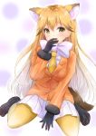  1girl animal_ears black_footwear black_gloves blonde_hair blush bow bowtie covering_mouth ezo_red_fox_(kemono_friends) fox_ears fox_tail full_body gloves gradient_hair hair_between_eyes highres inahori jacket kemono_friends loafers long_hair long_sleeves looking_at_viewer multicolored_hair orange_jacket pantyhose pleated_skirt shoes simple_background sitting skirt solo tail wariza white_background white_bow white_skirt yellow_eyes yellow_legwear yellow_neckwear 