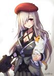  1girl beret blush braid breasts cat cleavage collarbone cowboy_shot g36c_(girls_frontline) girls_frontline grey_hair gun hair_over_one_eye hat highres holding holding_gun holding_weapon kong_(ksw2801) large_breasts long_hair looking_at_viewer military military_uniform parted_lips red_eyes rifle side_braid smile uniform very_long_hair weapon 