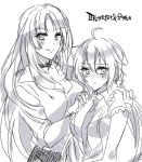  2girls ahoge bangs blush breasts choker cleavage fine_(symphogear) greyscale hands_on_another&#039;s_shoulders hime_cut large_breasts long_hair low-tied_long_hair monochrome multiple_girls necktie parted_bangs resyeol school_uniform senki_zesshou_symphogear short_sleeves sleeves_past_elbows twintails upper_body yukine_chris 