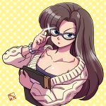  1girl adjusting_eyewear alternate_costume bangs bespectacled black_hair blue_eyes book bracelet breasts cleavage collarbone frown glasses holding holding_book jewelry kuonji_ukyou long_hair looking_at_viewer parted_lips pearl_bracelet ranma_1/2 solo star starry_background sweater upper_body wantan-orz 