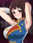  1girl armpits band_uniform breasts brown_background brown_eyes brown_hair gloves hibike!_euphonium large_breasts looking_at_viewer mole mole_under_eye nakaseko_kaori short_hair smile solo sweat sweating tedain upper_body white_gloves 