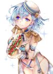  1girl blue_eyes blue_hair epaulettes food girls_symphony gloves hat hot_dog looking_at_viewer midriff smile solo standing uehara_(higanbachi) white_gloves 