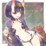  1girl ark_kan breasts fangs fate/grand_order fate_(series) headpiece japanese_clothes kimono navel oni_horns open_clothes open_kimono open_mouth purple_hair revealing_clothes short_eyebrows shuten_douji_(fate/grand_order) small_breasts smile violet_eyes 