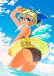  1girl arm_up ass bare_arms black_swimsuit blue_bow blue_eyes blue_hair blue_sky bow caesar8149 cirno clouds day diving_mask diving_mask_on_head food hair_bow innertube looking_at_viewer mouth_hold one-piece_swimsuit one-piece_tan outdoors popsicle short_hair sky solo summer swimsuit tan tanline tanned_cirno touhou wading water 