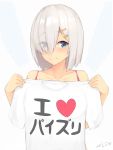  1girl bare_shoulders blush bra_strap closed_mouth clothes_writing collarbone dated eyebrows_visible_through_hair eyes_visible_through_hair hair_ornament hair_over_one_eye hairclip hamakaze_(kantai_collection) heart heart_print holding_shirt kantai_collection kuavera looking_at_viewer shirt shirt_removed short_hair short_sleeves signature smile solo tareme translated two-tone_background upper_body white_background white_shirt 