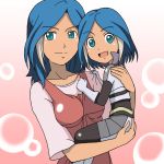  2girls blue_eyes blue_hair breasts inazuma_eleven inazuma_eleven_(series) kakkii long_hair mother_and_daughter multicolored_hair multiple_girls open_mouth short_hair smile two-tone_hair urubida 