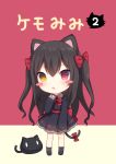  1girl :o amashiro_natsuki animal_ears bangs beige_background black_dress black_hair black_legwear blush bow bowtie cat cat_ears cat_girl cat_tail chibi commentary_request dress hair_between_eyes hair_bow heterochromia highres long_hair long_sleeves looking_at_viewer no_shoes original parted_lips red_background red_bow red_eyes red_neckwear simple_background sleeves_past_wrists socks solo standing tail tail_bow two-tone_background two_side_up very_long_hair yellow_eyes 