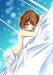  1girl bed blackma_(pagus0012) blue_background blush bow breasts brown_eyes brown_hair dyute_(fire_emblem) fang fire_emblem fire_emblem_echoes:_mou_hitori_no_eiyuuou highres long_hair lying naked_sheet navel on_stomach open_mouth ponytail small_breasts solo topless 