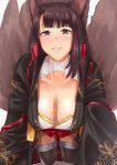  1girl akagi_(azur_lane) all_fours animal_ears azur_lane bangs black_kimono black_legwear blush breasts brown_hair cleavage cleavage_cutout collarbone commentary_request downblouse extended_downblouse fox_ears fox_tail gachou hanging_breasts japanese_clothes kimono large_breasts long_hair multiple_tails open_clothes open_kimono pleated_skirt red_eyes red_skirt sidelocks skirt smile solo sweat sweating tail thighs wide_sleeves 