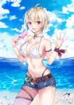  1girl ahoge blade_&amp;_soul blonde_hair blush breasts cleavage denim denim_shorts eyebrows_visible_through_hair large_breasts looking_at_viewer navel open_mouth pink_eyes short_hair short_shorts shorts smile solo swimsuit water_drop yuja 