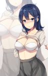  1girl absurdres blouse blue_eyes blue_hair bra breasts grey_skirt hair_ornament hairclip highres kantai_collection large_breasts long_sleeves medium_hair note shirt_lift skirt solo souryuu_(kantai_collection) underwear white_background white_bra zhi_zhi/zu_zu zoom_layer 