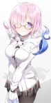  1girl absurdres alternate_costume blush breasts coat fate/grand_order fate_(series) fou_(fate/grand_order) glasses hair_over_one_eye highres large_breasts lawson pantyhose plaid purple_hoodie shielder_(fate/grand_order) short_hair sino_(sionori) skirt smile solo v_arms white_background winter_clothes 