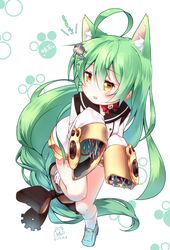  1girl ahoge akashi_(azur_lane) animal_ears azur_lane blush cat_ears commentary_request erect_nipples green_hair hair_between_eyes hair_ornament hairclip inori_(xyz5568) long_hair looking_at_viewer paw_print sleeves_past_wrists solo translated very_long_hair yellow_eyes 