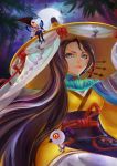  1girl absurdres black_hair blue_eyes character_request eyebrows highres le_(huanglongen) long_hair looking_at_viewer moon night onmyoji outdoors parted_lips very_long_hair 