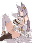  1girl animal_ears arm_at_side arm_support arm_up asanagi asymmetrical_clothes bangs bare_shoulders black_legwear blunt_bangs blush breasts cat_ears elbow_gloves enty_reward erun_(granblue_fantasy) fangs feathers gloves granblue_fantasy grin hair_ornament hand_behind_head high_heels highres korwa large_breasts leaning_back long_hair looking_at_viewer mismatched_legwear quill sideboob silver_hair sitting smile solo thigh-highs thighs violet_eyes white_gloves white_legwear 